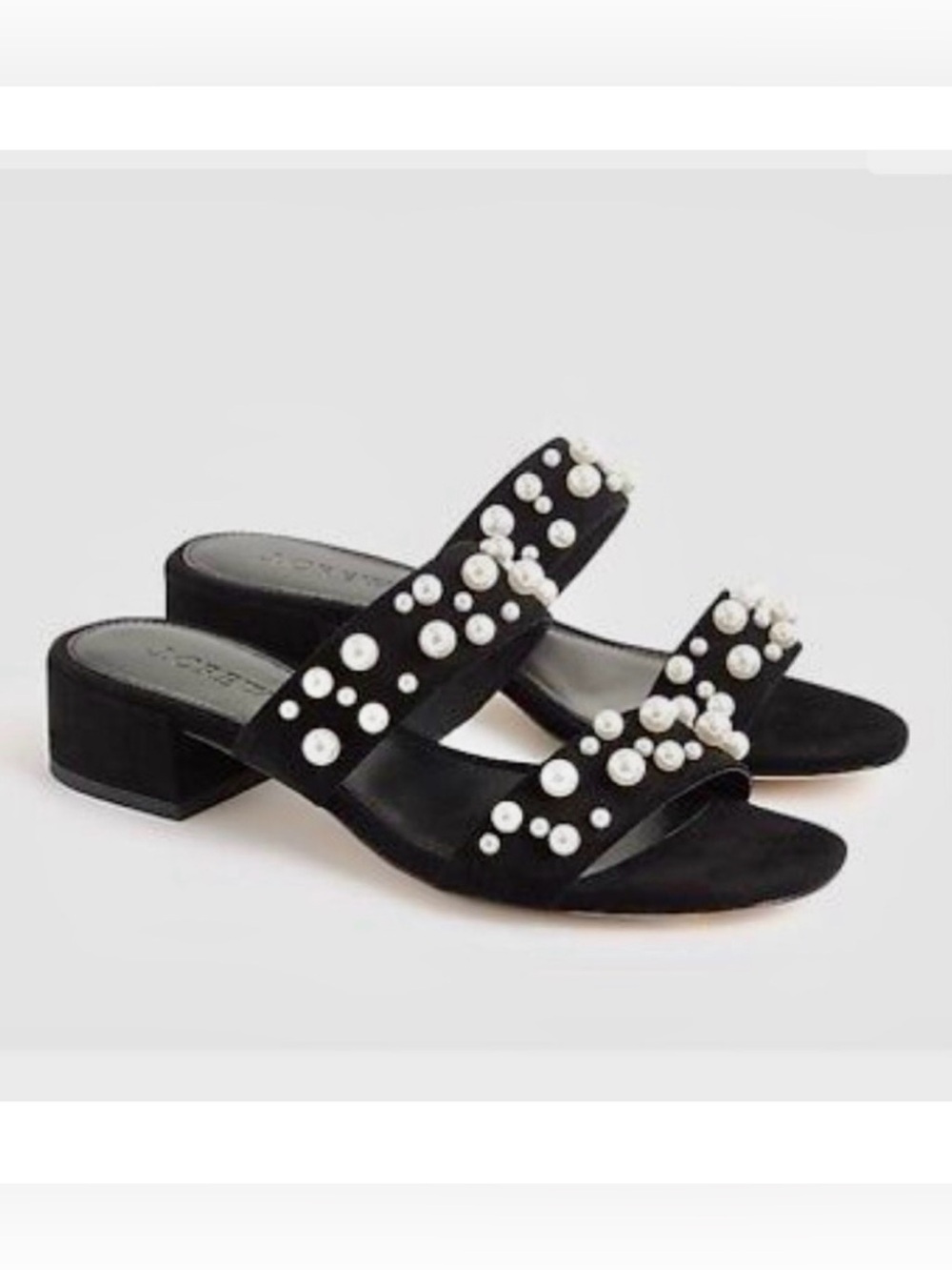 J.Crew Double Strap Pearl Slides Sz 6.5 Suede Black Embellished Style #J2589